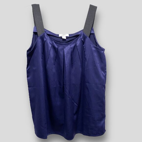 LOFT Navy Blue Satin Tank Top SIZE MEDIUM Black Ribbon Straps Pleated Neckline - Picture 1 of 8